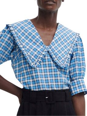 Ganni Seersucker V-neck Blouse in Check Azure w/ Ruffle Collar Women's Top